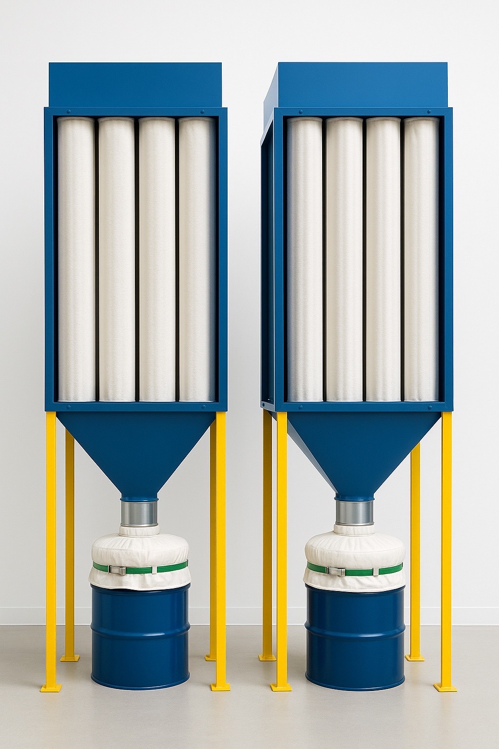 Two barrel-top adapter installations under cartridge dust collectors, showing fabric adapters secured with ratchet straps and gear clamps to 55-gallon barrels.