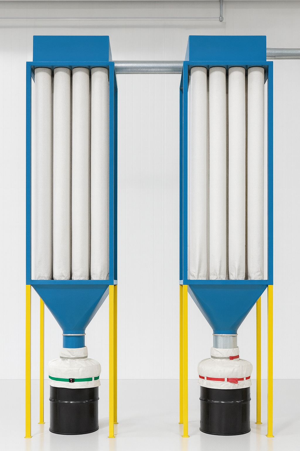 Dual barrel top adapters installed under filter bag dust collectors in a live production environment.